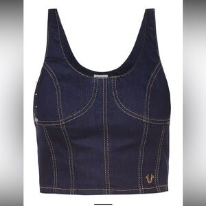 True Religion Dark Indigo Denim Cropped Tank Top with Contrast Stitching